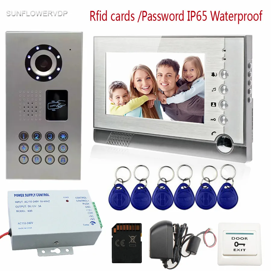Sunflowervdp RFID Видеодомофоны с Запись IP65 Водонепроницаемый 8 ГБ карту памяти SD 7 дюймов Мониторы Цвет ЖК-дисплей видео домофон