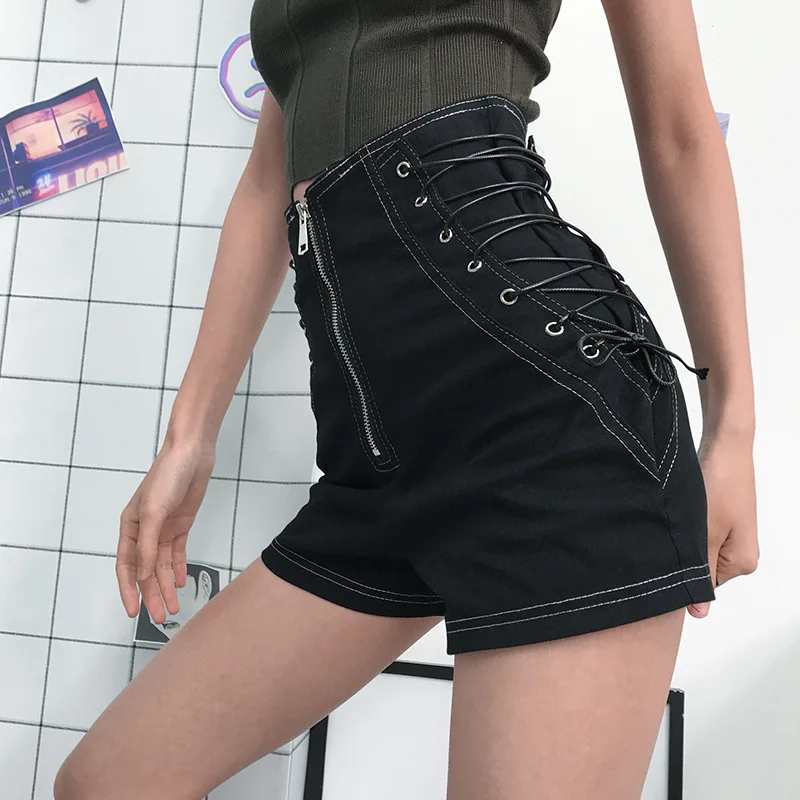 Vangull/черные летние шорты для женщин, на молнии, короткие, Feminino, уличная, боковые, крест-накрест, шнуровка, панк, высокая талия, облегающие шорты