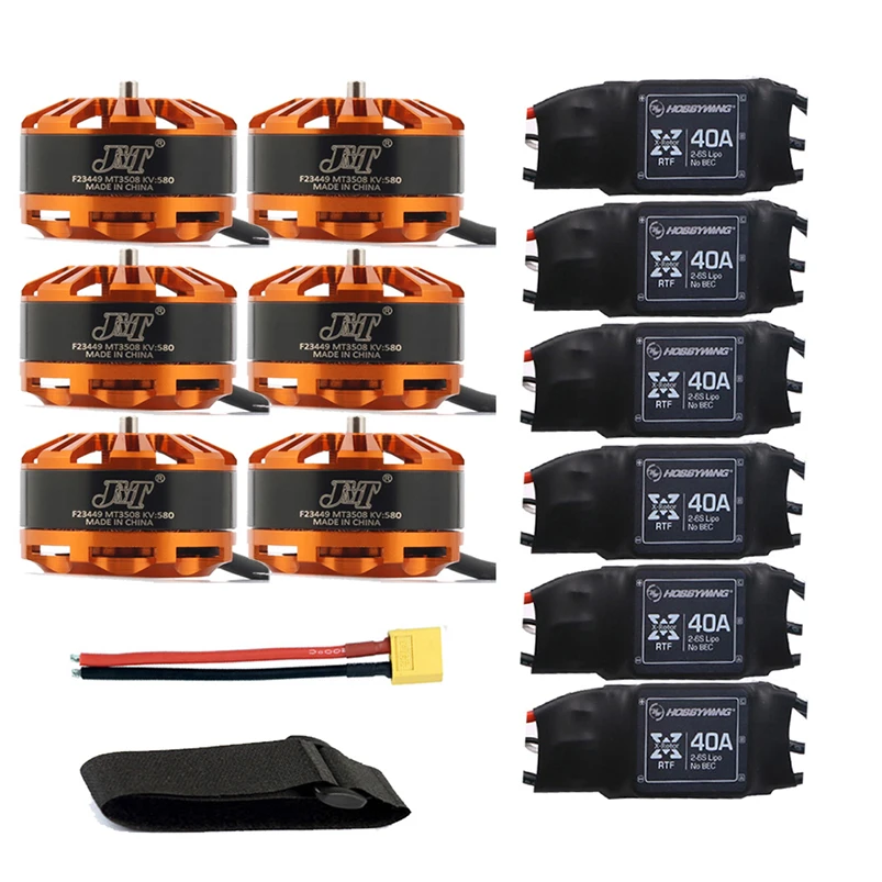 

DIY 6-axis Airplane Helicopter Motor Combo 6pcs 3508 580kv Motor 6pcs Hobbywing XRotor 40A ESC XT60 Connector Fastening Tape