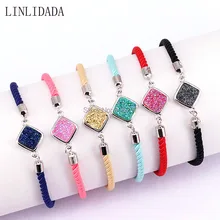 8 шт. с серебряной рамкой квадратный друзовидный камень разъем Хлопок Веревка Браслет цепочка, женские браслеты ручной работы