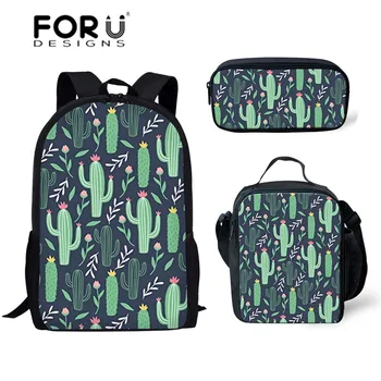 

FORUDESIGNS School Bags for Children Cactus Printing 3pcs/set School Bag Bagpack Kids Large Capacity Book Bags Girls Satchel