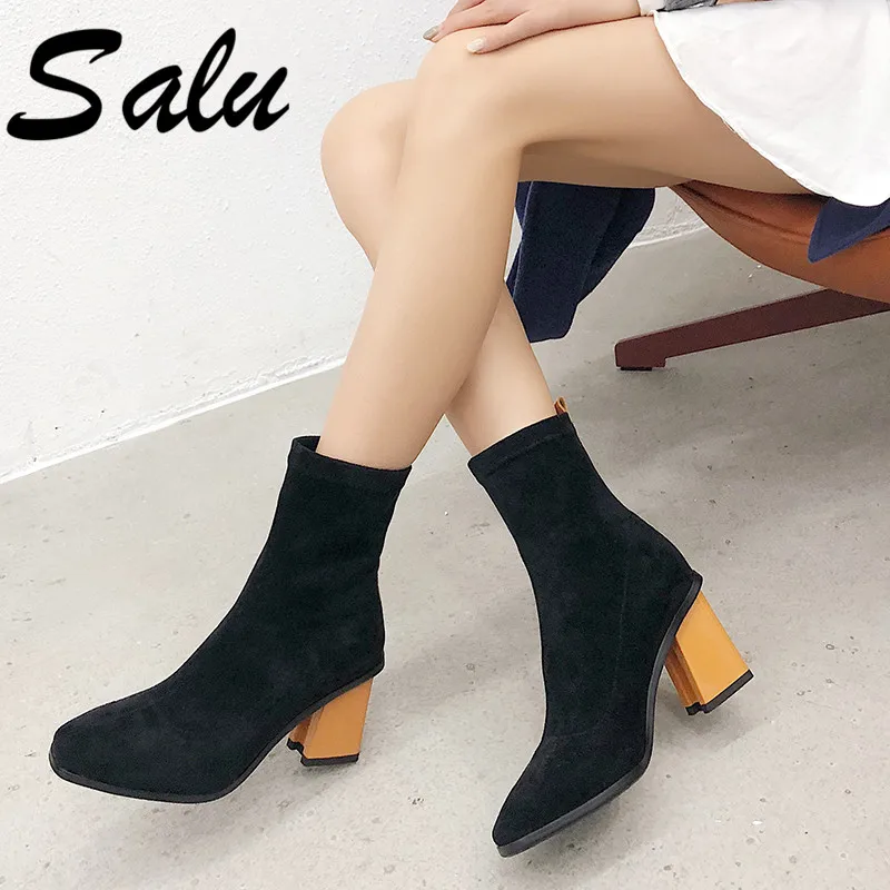 

Salu New Fashion Punk Round Toe Square Heels Chelsea Boots Slip on Women Ankle Boots Black Suede Sardine Cloth Boots