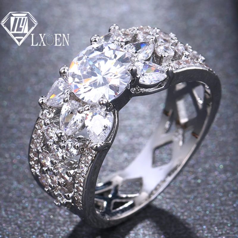 

LXOEN Luxury Cubic Zircon Ring Brand Women Round Shape Crystal Bridal Wedding Engagement Jewelry Rings Female