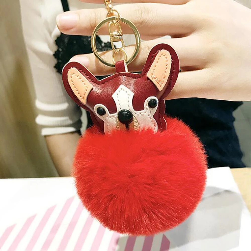 Cute Cartoon Puppy Keychains Fluffy Faux Rabbit Fur Ball Pom Pom Key