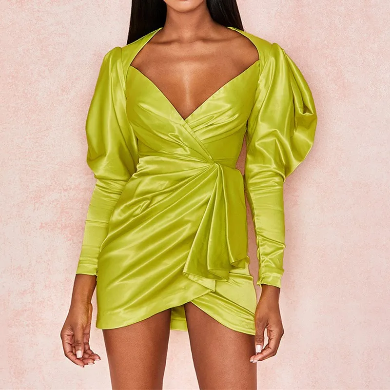 

Fashion Sexy Deep V Neck Mini Dress Women 2019 Summer Puff Sleeve High Waist Irregular Dress Green Belt Bodycon Dress