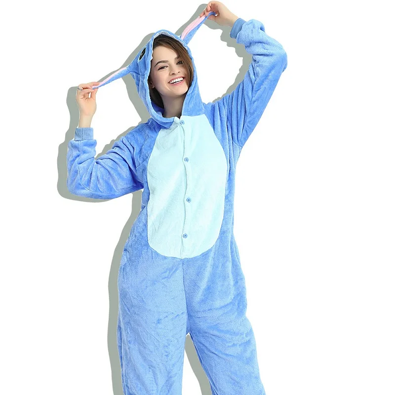 Cosplay Costume Flannel Pajamas Adults Anime Animal Onesies Sleepwear Kigurumi Women Men Unicorn Stitch Pikachu Winter Pajamas - Цвет: Blue stitch