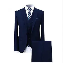 Модные Темно-синие мужской костюм формальные Бизнес костюм Человек Свадебный костюм Slim Fit Жених Свадебные смокинги (куртка + брюки + жилет)
