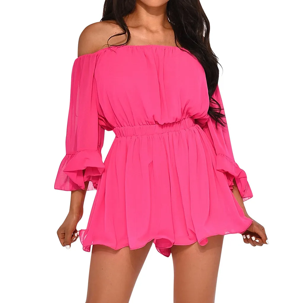 Hot Pink Однотонное Повседневное платье, женское элегантное платье с открытыми плечами, платье с вырезом лодочкой, летние женские пляжные топы, блузка sukienka# G7 - Цвет: Hot Pink