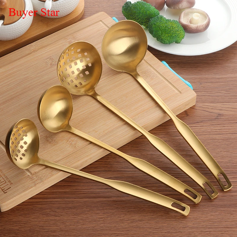 2 Pcs/Set Stainless Steel Cooking Tool Matt Polish Long Handle Soup Ladle Skimmer Golden Kitchen Accessories