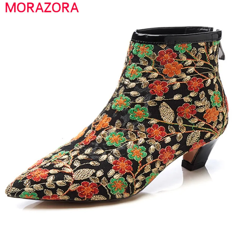 Женские ботильоны на молнии MORAZORA черные сетчатые с вышивкой лето 2019|Полусапожки|