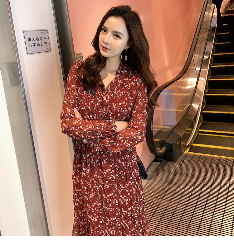 

2019 New Fashion Free Size Flower High Waist slim floral Spring Summer Autumn Dress Chiffon dress female
