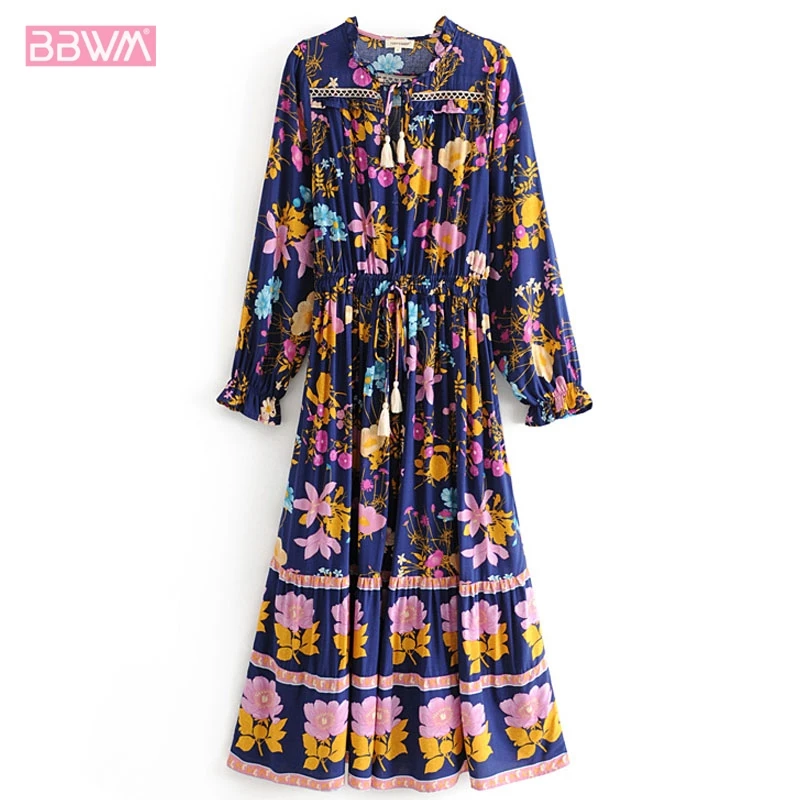 

Bohemian female dress ethnic style 2019 summer new women's longan positioning print hollow ruffled long sleeve dress Leisure