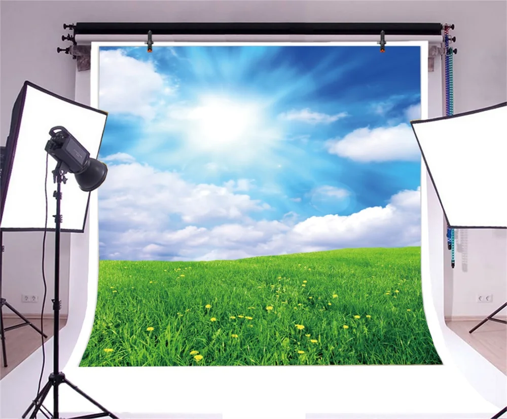Laeacco Spring Flowers Blue Sky White Clouds Scenic Photography Backgrounds Customized Photographic Backdrops For Photo Studio