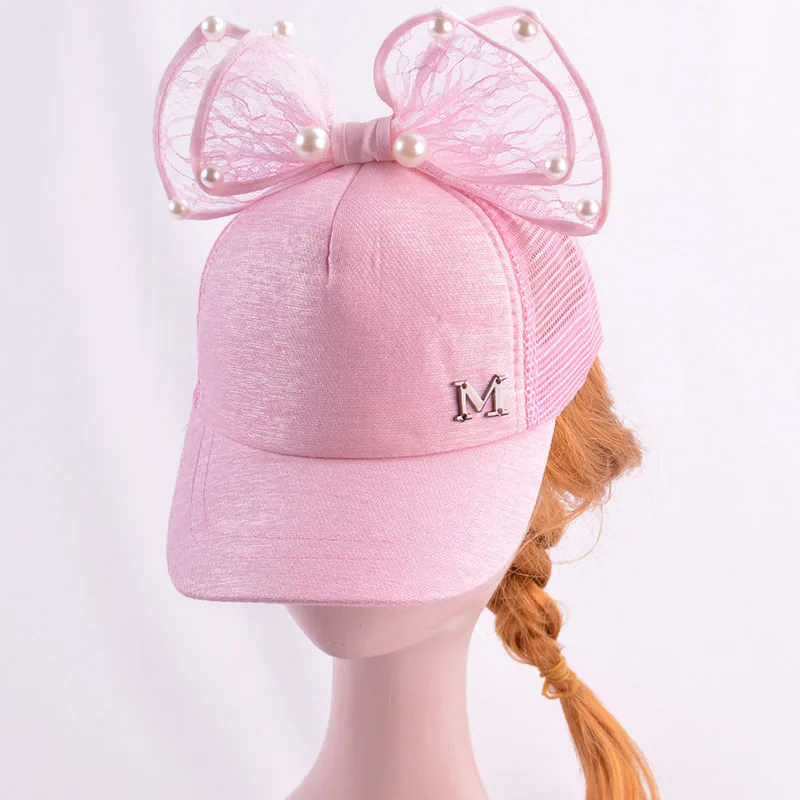 Детская бейсболка с бантом для девочек, детская летняя шапка, козырек, шапки с кружевным бантом и жемчугом, шапочка для девочек, детские солнцезащитные головные уборы, muts - Цвет: pink with mesh