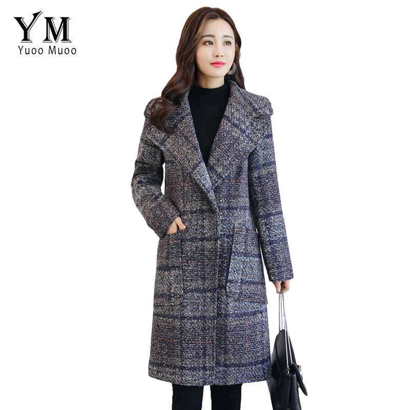 YuooMuoo, Европейская мода, клетчатое зимнее пальто для женщин, теплое шерстяное пальто, фирменный дизайн, куртка средней длины, женское кашемировое пальто, верхняя одежда