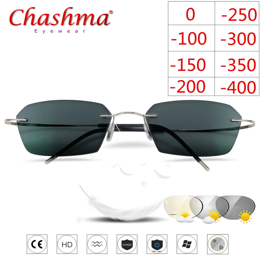 Rimless Titanium Glasses Frame Photochromic Myopia glasses Men Women Chameleon Glasses Lens with Diopters -1.0 1.5 2.0 2.5 3.0 Rimless Titanium Glasses Frame Photochromic Myopia glasses Men Women Chameleon Glasses Lens with Diopters -1.0 1.5 2.0 2.5 3.0