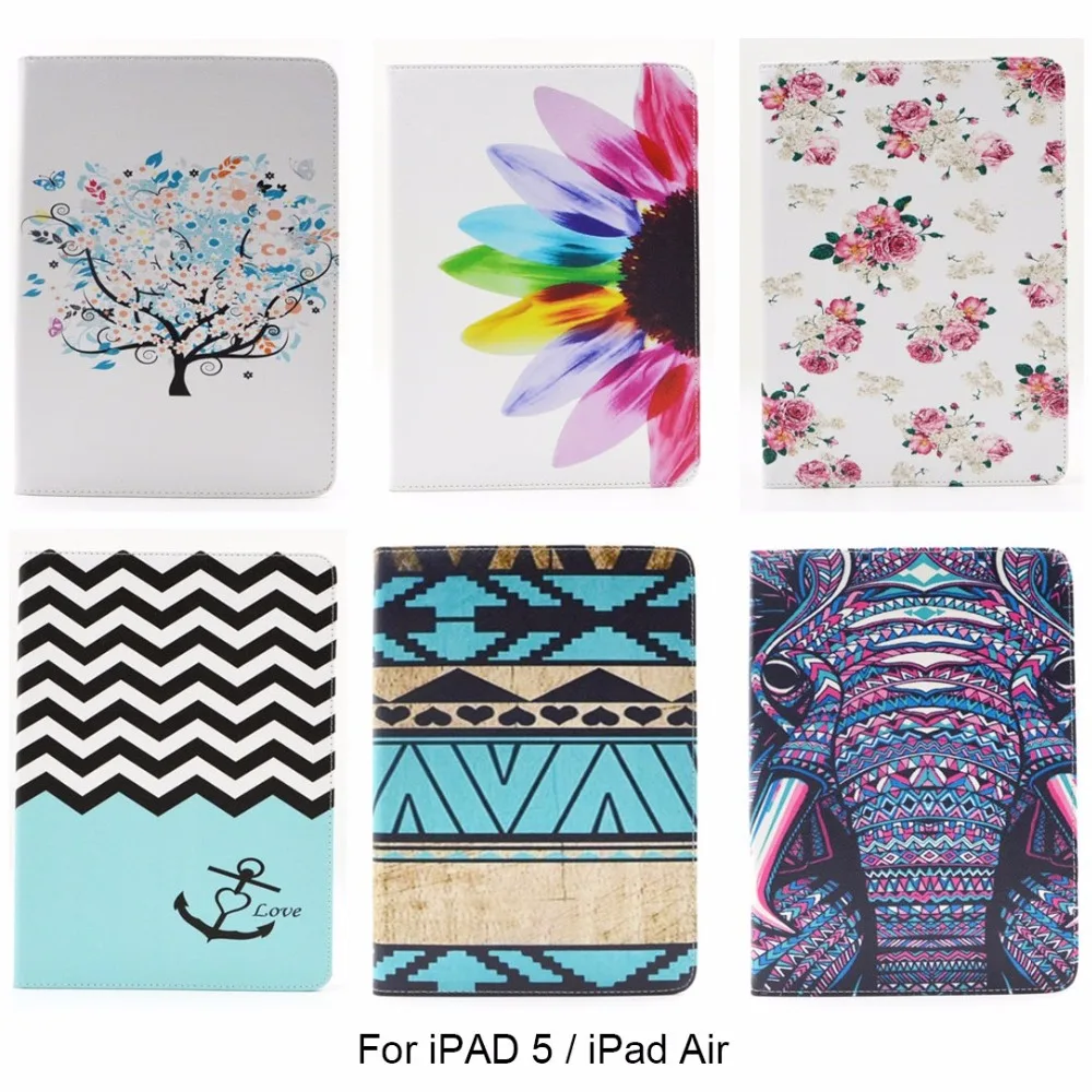 For iPad 5 Flower Tree Cartoon Elephant Lion Printed Stand Flip Wallet PU Leather with Card Slot For Apple iPad Air 9.7 inch