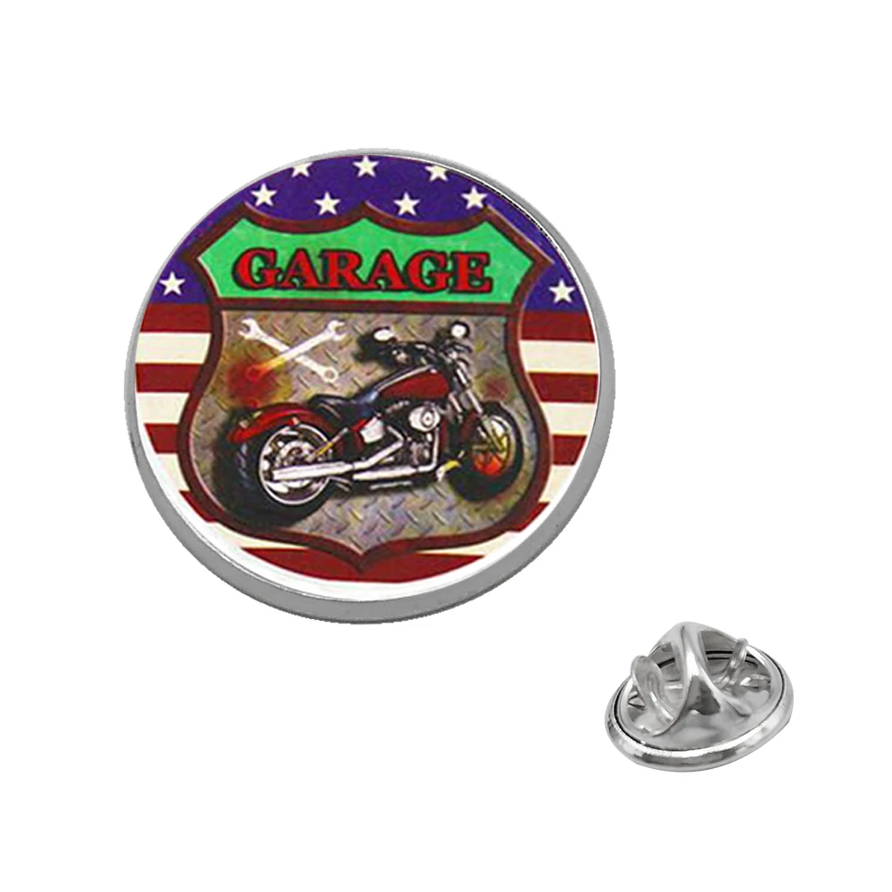 

Suteyi Punk Motorcycle Art Picture Brooches Pins Silver Glass Dome Metal Brooch 66 US Route Sign Women Men Jewelry