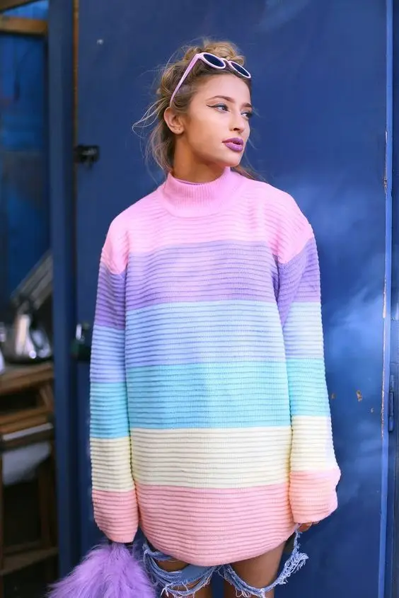 Women Pullover Urtleneck Rainbow Sweater Maccaron Color Stripes Loose Tumblr Female 2018 Spring Autumn New Fashion | Женская одежда