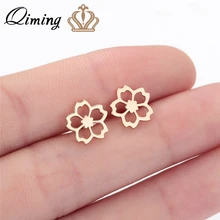 Brincos de flores de cereja femininos qiming, brinco pequena minimalista em aço inoxidável rosa dourado