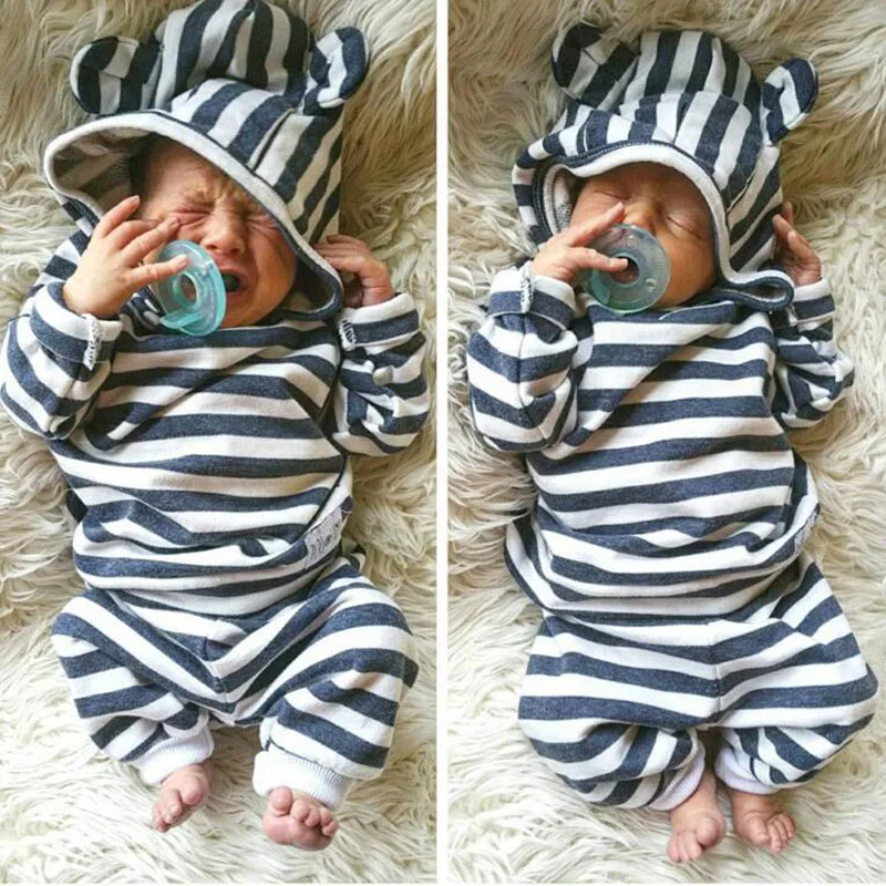 

Newborn Baby Boy Clothes Autumn Winter Striped Long Sleeve Hooded T-shirt 2Pcs Baby Casual Sweatshirt Newborn Outfit Clothes