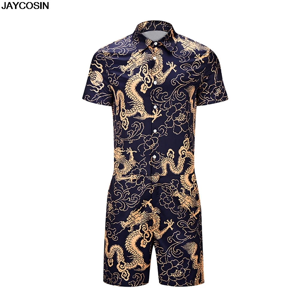 KLV Men's Sets summer Jumpsuit 1PC Men's Fashion Printed dargon Siamese Playsuit Mens Suit CLOTHes High Quality hot sale 9517
