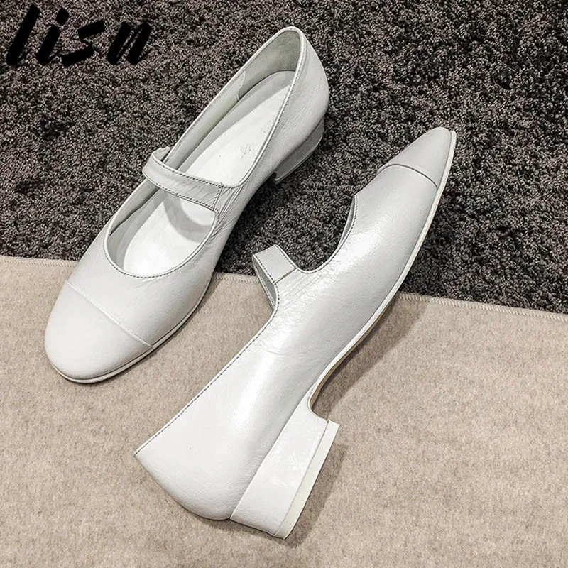 

LISN New Brand Designer Genuine Leather Buckle Strap Women Pumps Round Toe Low Heel Mary Janes Shoes Women Sandals pumps