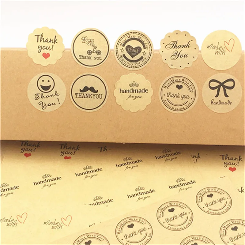 

100Pcs 3cm Thank You Love Self Adhesive Stickers Kraft Label Sticker For DIY Handmade Gift Festival Box Cake Candy Paper Sticker