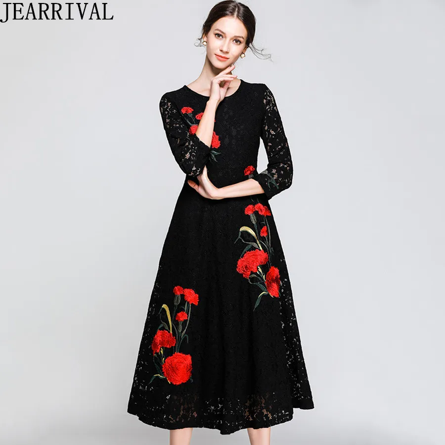 

2019 Spring Floral Embroidery Women Lace Dress Slim Fashion Hollow Out Black White Long Party Dress Elegant Casual Vestidos