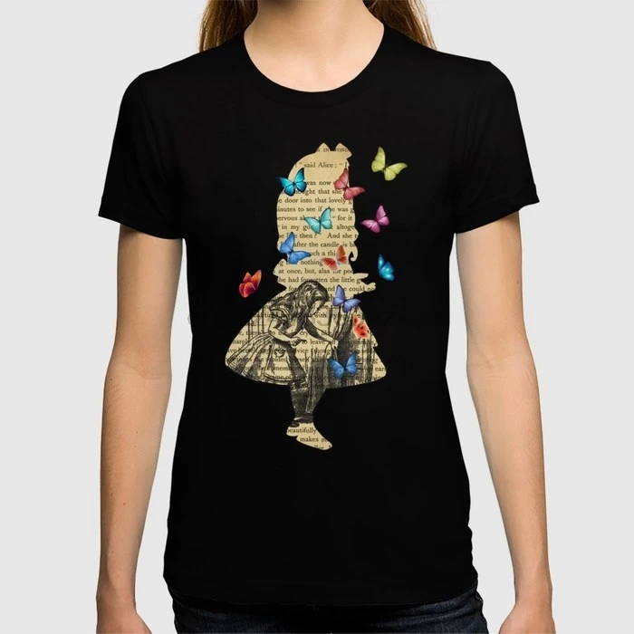 

Printed Men T Shirt Cotton tShirt O-Neck Short-Sleeve Women T-Shirt Alice In Wonderland - Vintage Wonderland Book