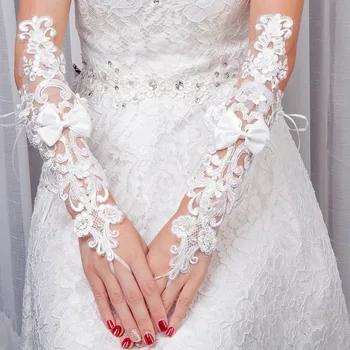 

Accessoire Mariage Summer Long Fingerless Women Bridal Gloves High Quality Bow Appliques Pearl Wedding Gloves Luva De Noiva