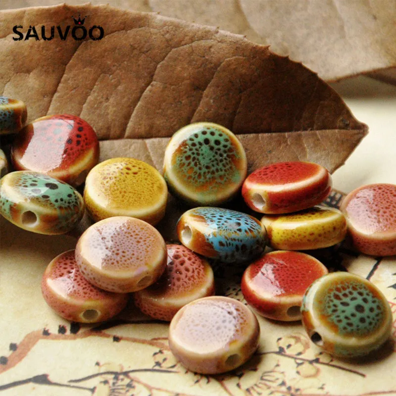 

SAUVOO 30pcs/lot Colorful Round Flat Creamic Glaze Charms Beads 14mm fit Bracelet Necklace DIY Jewelry Making Findings Material