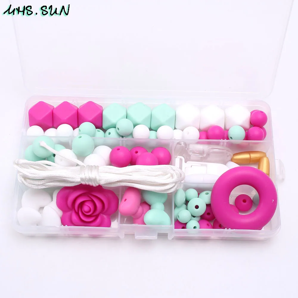 Silicone Teething Beads Kit Box Baby Teether Chew Necklace Making Accessorie 
