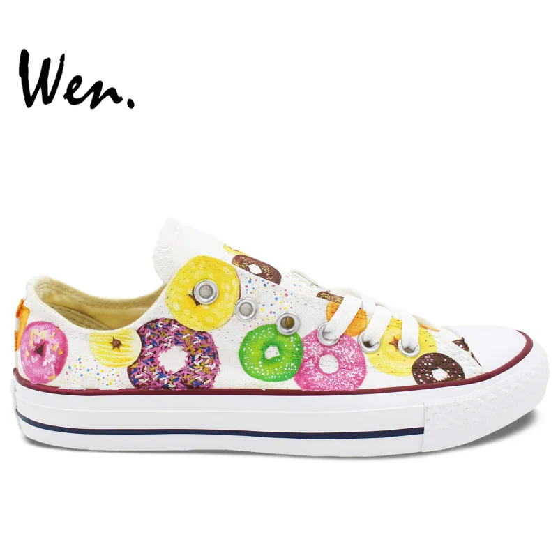 

Wen White Hand Painted Shoes Unisex Custom Design Shoes Donuts Low Top Men Women's Canvas Shoes Casual Sneakers Lace up Plimsoll
