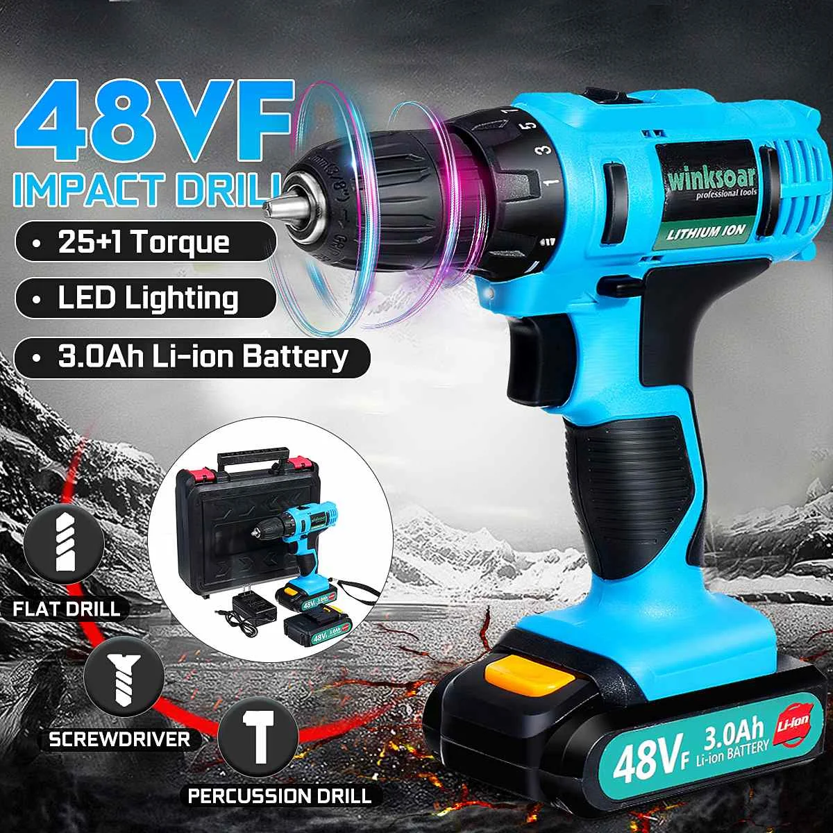 

48VF 21V Electric Drill Cordless Screwdriver 3000mAh Lithium Battery Rechargeable Impact Drill Power Tool 25+1 Torque 2Speed