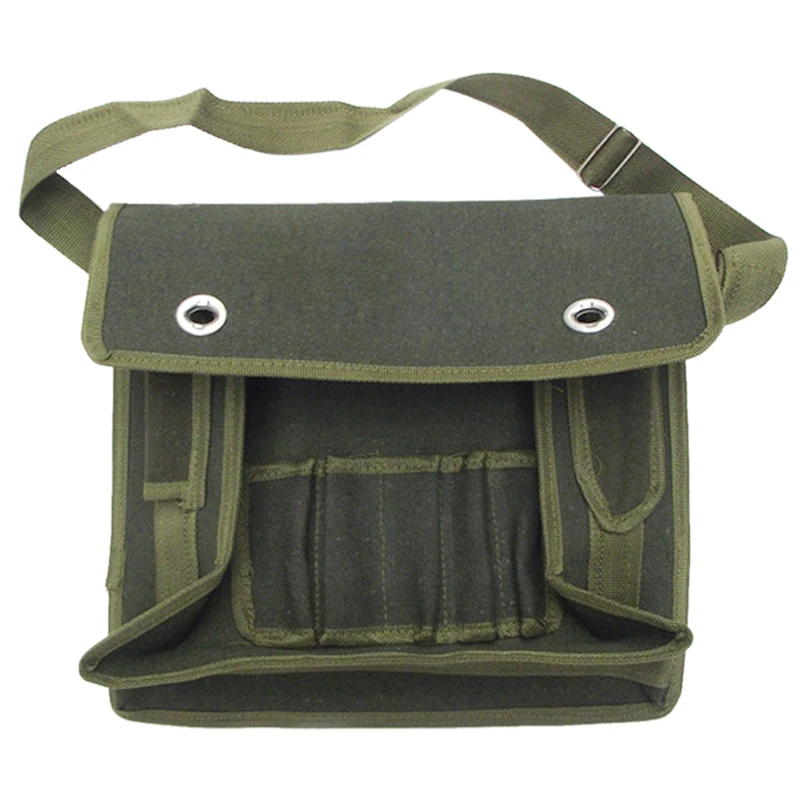 

Multi compartments army green canvas shoulder tool bag for electricians