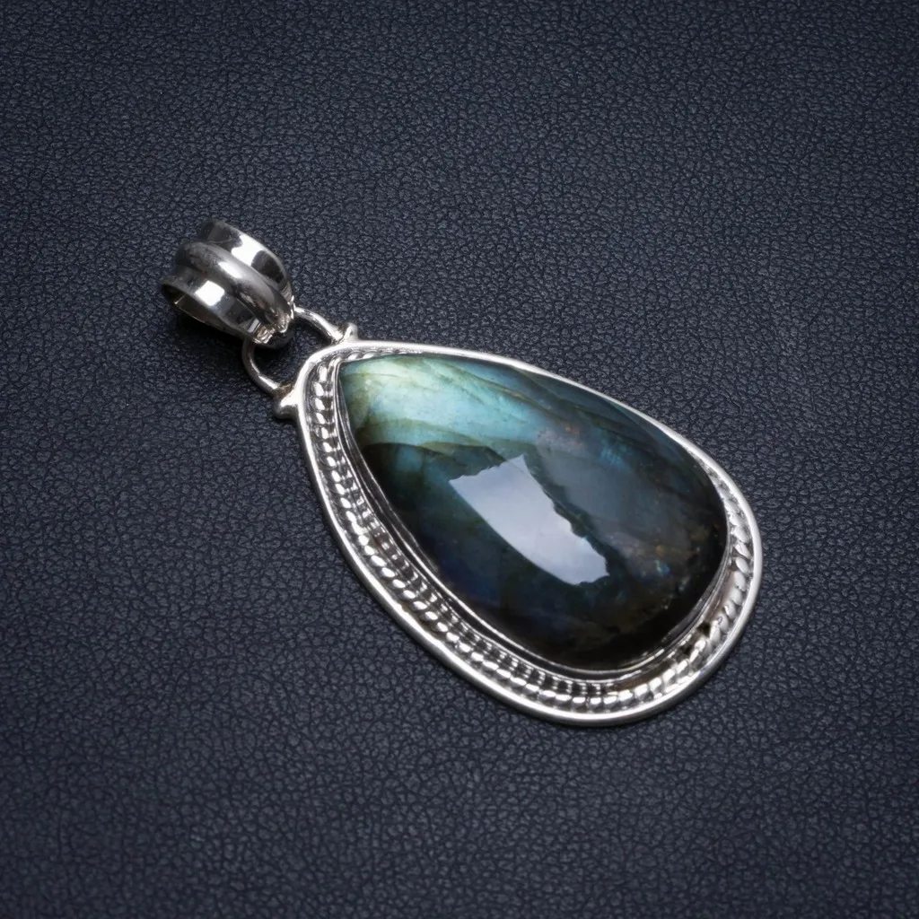 

Natural Blue Fire Labradorite Vintage 925 Sterling Silver Pendant 1 3/4" T0920