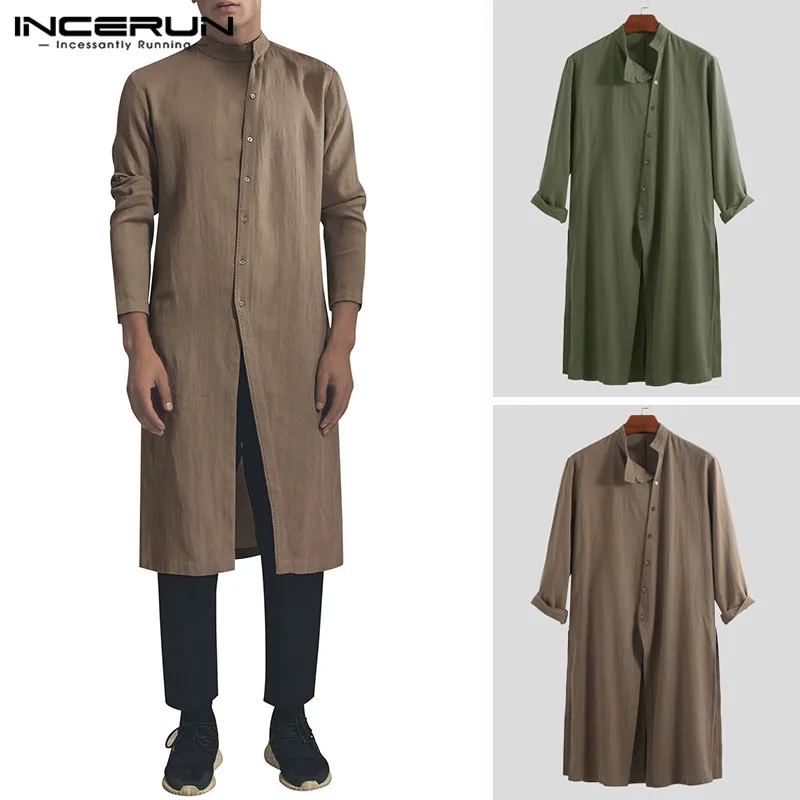 

INCERUN 2020 Cotton Vintage Men Shirt Stand Collar Long Sleeve Button Long Shirts Men Pakistani Muslim Clothes Indian Tops