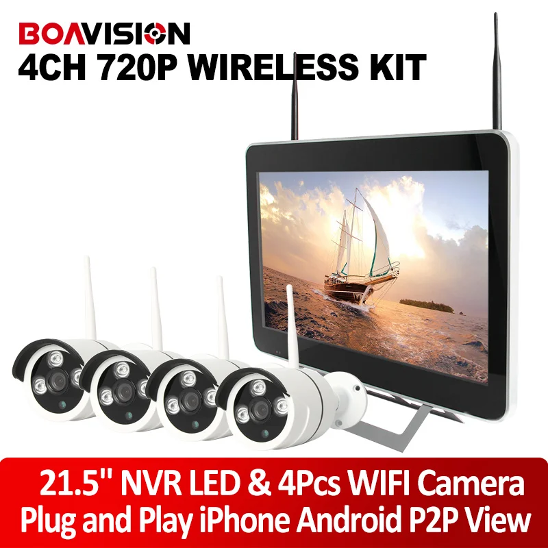 

4Ch 720P Wireless Camera NVR Kit 21.5 Inch HD Color NVR LED Plug And Play Night Vision WIFI Surveillance System Outdoor P2P View