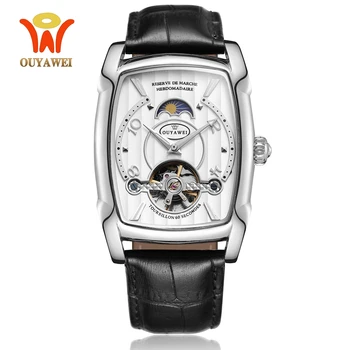 

2019 New OYW Luxury Self Wind Mechanical Wristwatch Men Moon phase Fashion Silver white Leather strap Male Watch