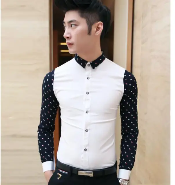 summer men fashion patchwork long sleeve shirt blouse young men casual