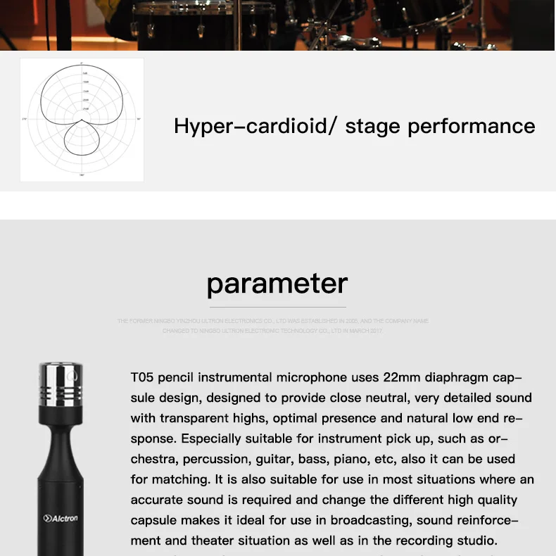 Alctron T05 Профессиональный инструментальный микрофон карандаш конденсатор Pro Studio Mic для оркестра, перкуссии, гитары