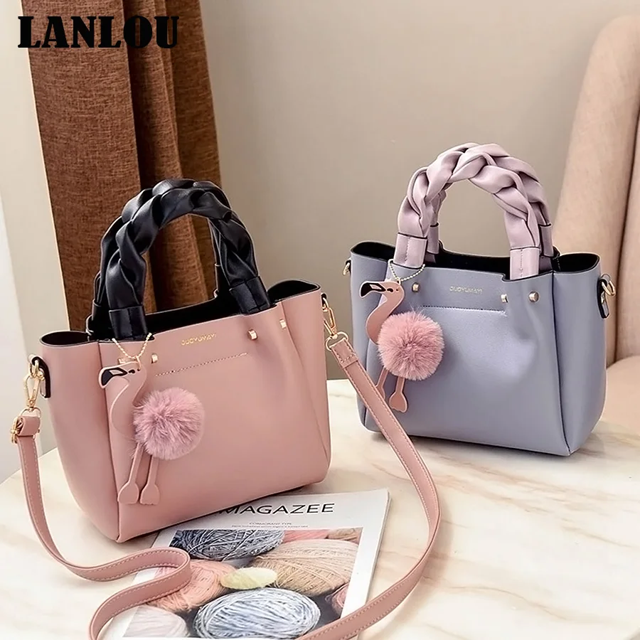 Kaufen LANLOU Hairball Flamingo Schulter taschen Heißer Neue luxus handtaschen frauen taschen designer handtaschen Taschen für frauen 2019 Damen Crossbody