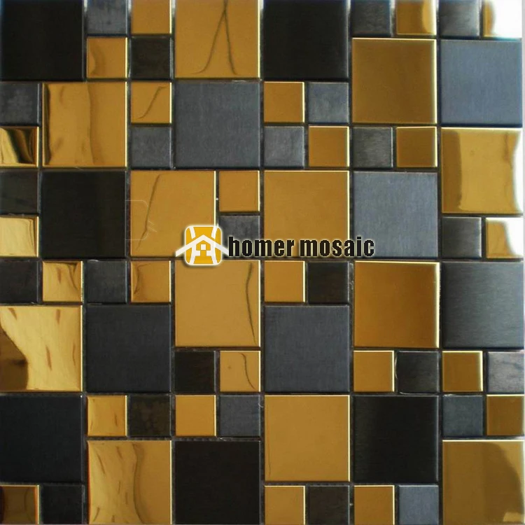 

stainless steel mosaic tiles brush finished black mixed glossy golden color kitchen backsplash metal mosaic fireplace mosaic