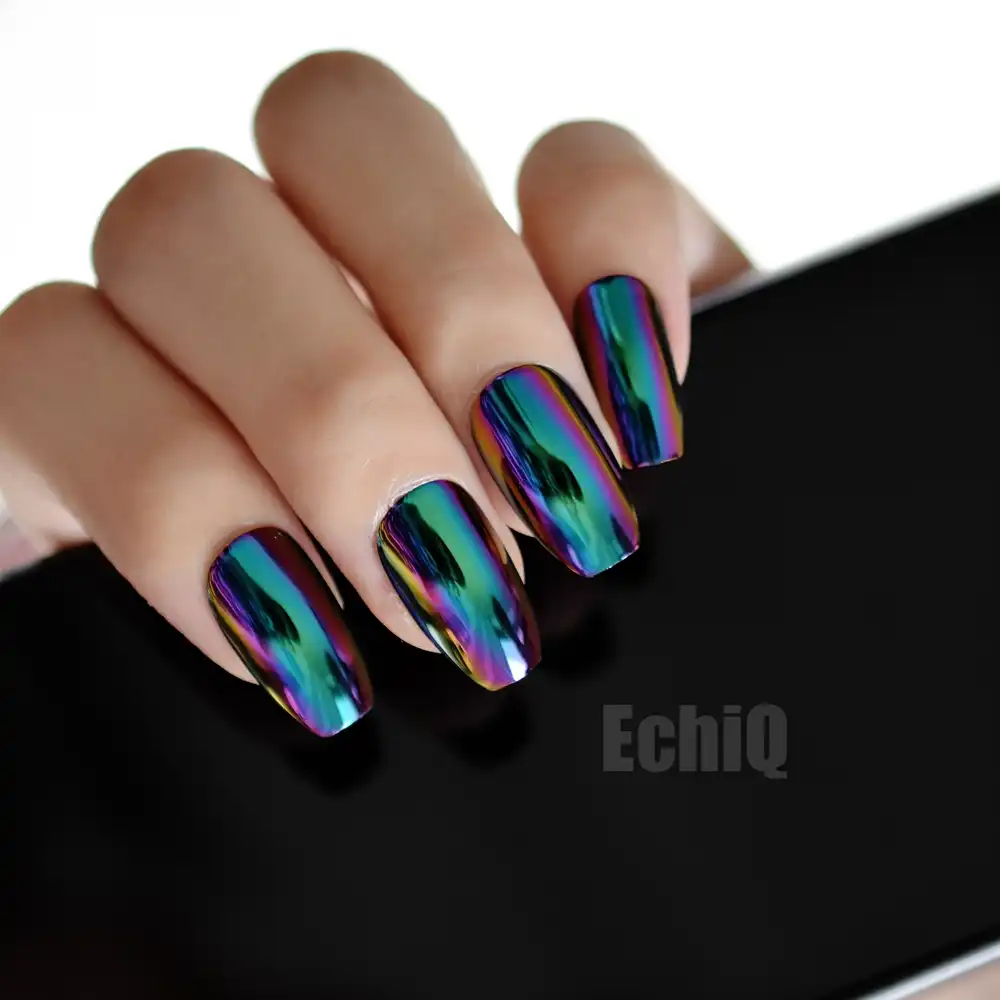 Chameleon Color Metallic Press On Nails Medium Flat Coffin Acrylic Nail ...