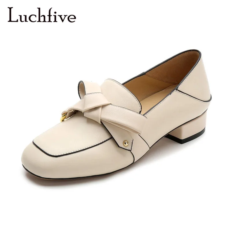 

Butterfly knot genuine leather flat shoes women square toe shallow lazy loafers slip on square heels black beige women shoes