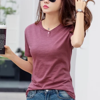 

gkfnmt 2019 Women Summer Casual T-Shirt Fashion Black White Tshirt 100% Cotton Short Sleeve Tops Plus Size High Quality Clothes