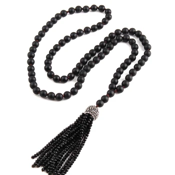 

Free Shipping Fashion Black Stone Bead Long Knotted Black Crystal Tassel Punk Necklaces