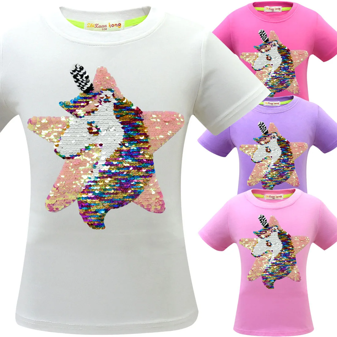 

2019 Unicorn Girls T-shirt Children's Short-sleeved Cotton Five-pointed Star Double-sided Sequins Pattern Unicorn Shirt