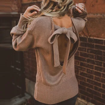 

Women oversized casual loose pullover sweater autumn knitwear sexy backless bow knot sweater o neck jumper female winter clothes